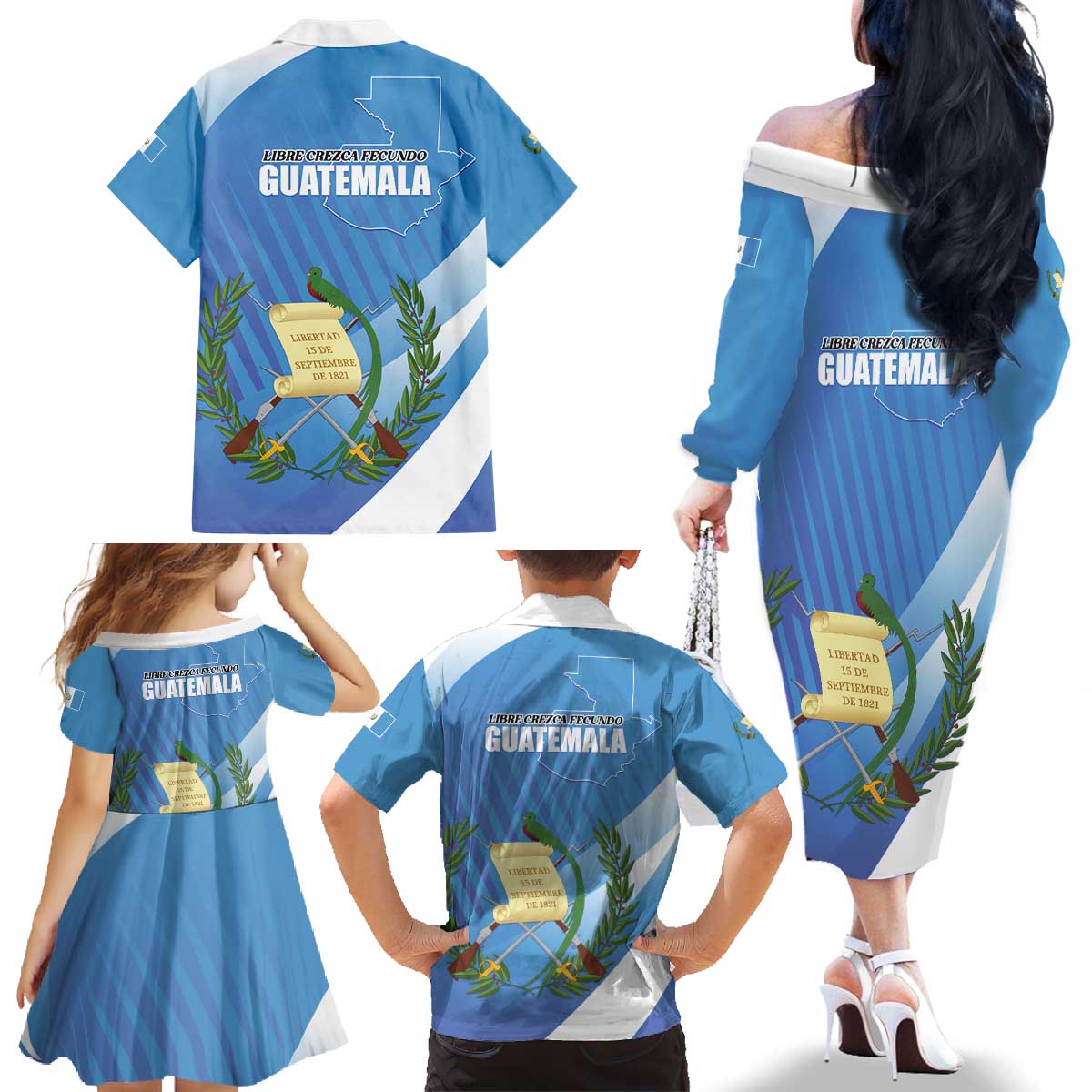 Guatemala Independence Day 1821 Family Matching Off The Shoulder Long Sleeve Dress and Hawaiian Shirt Libre crezca fecundo - Wonder Print Shop