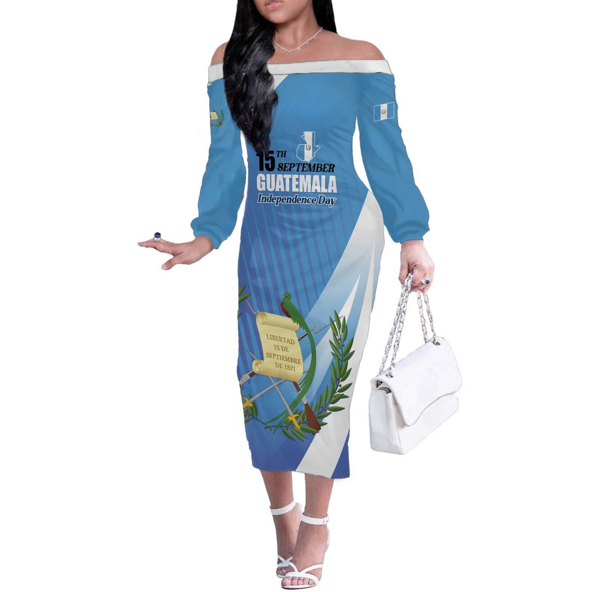 Guatemala Independence Day 1821 Off The Shoulder Long Sleeve Dress Libre crezca fecundo - Wonder Print Shop