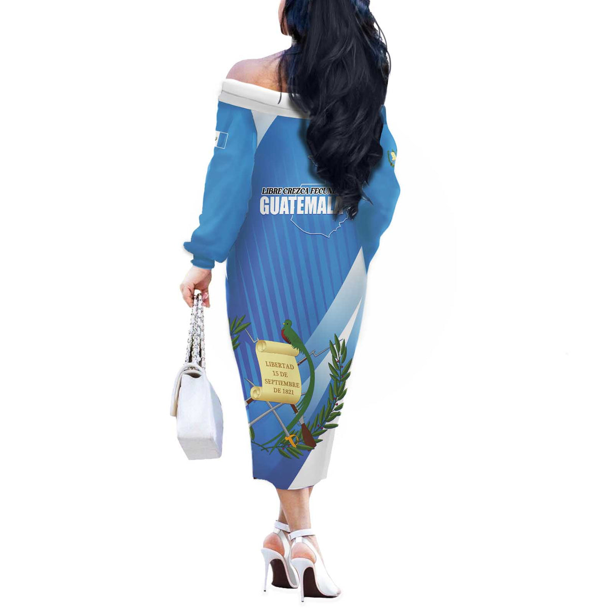 Guatemala Independence Day 1821 Off The Shoulder Long Sleeve Dress Libre crezca fecundo - Wonder Print Shop