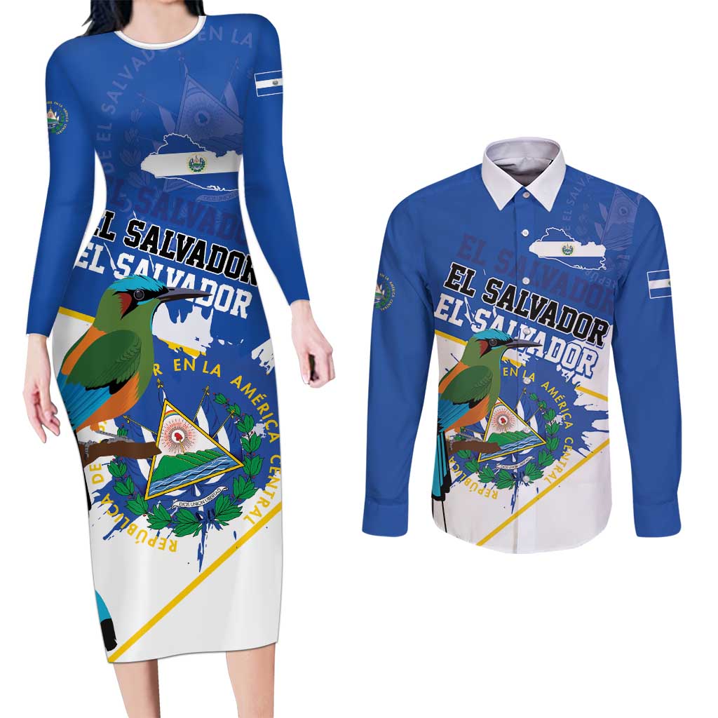 El Salvador Independence Day 1821 Couples Matching Long Sleeve Bodycon Dress and Long Sleeve Button Shirt - Wonder Print Shop