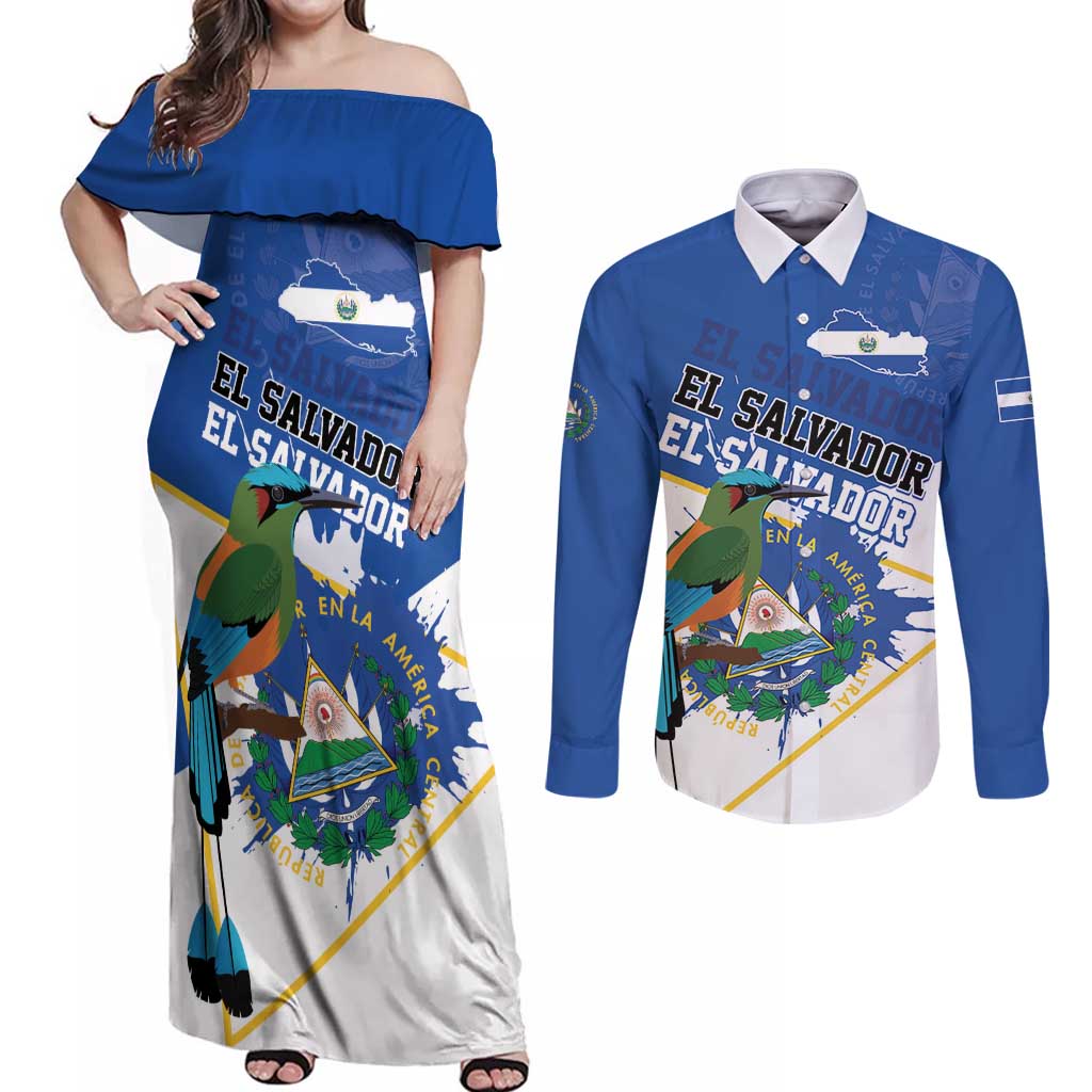 El Salvador Independence Day 1821 Couples Matching Off Shoulder Maxi Dress and Long Sleeve Button Shirt - Wonder Print Shop