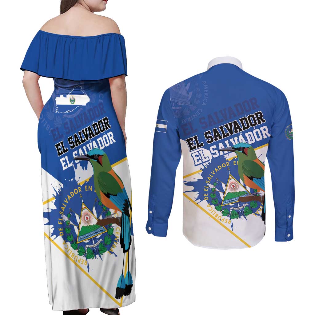 El Salvador Independence Day 1821 Couples Matching Off Shoulder Maxi Dress and Long Sleeve Button Shirt - Wonder Print Shop