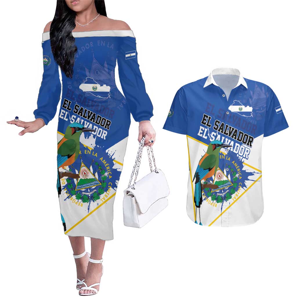 El Salvador Independence Day 1821 Couples Matching Off The Shoulder Long Sleeve Dress and Hawaiian Shirt - Wonder Print Shop
