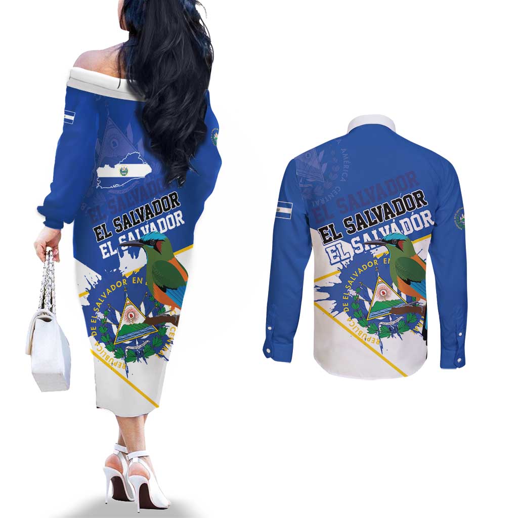 El Salvador Independence Day 1821 Couples Matching Off The Shoulder Long Sleeve Dress and Long Sleeve Button Shirt - Wonder Print Shop