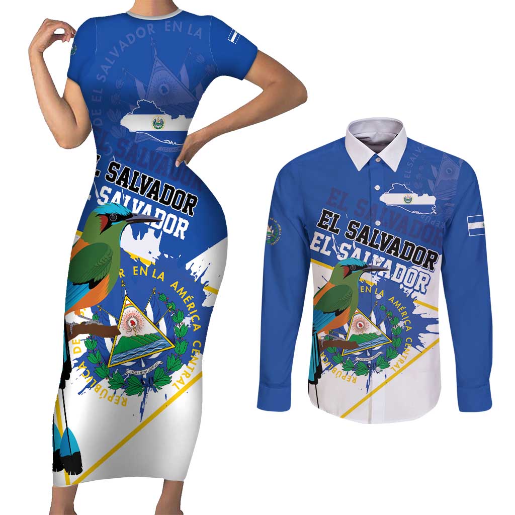 El Salvador Independence Day 1821 Couples Matching Short Sleeve Bodycon Dress and Long Sleeve Button Shirt - Wonder Print Shop