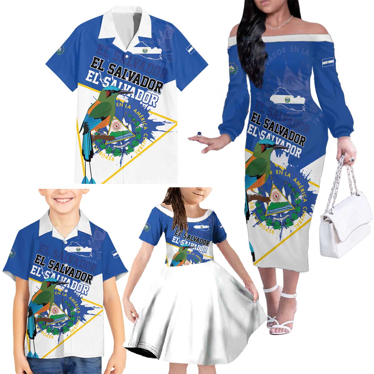El Salvador Independence Day 1821 Family Matching Off The Shoulder Long Sleeve Dress and Hawaiian Shirt - Wonder Print Shop