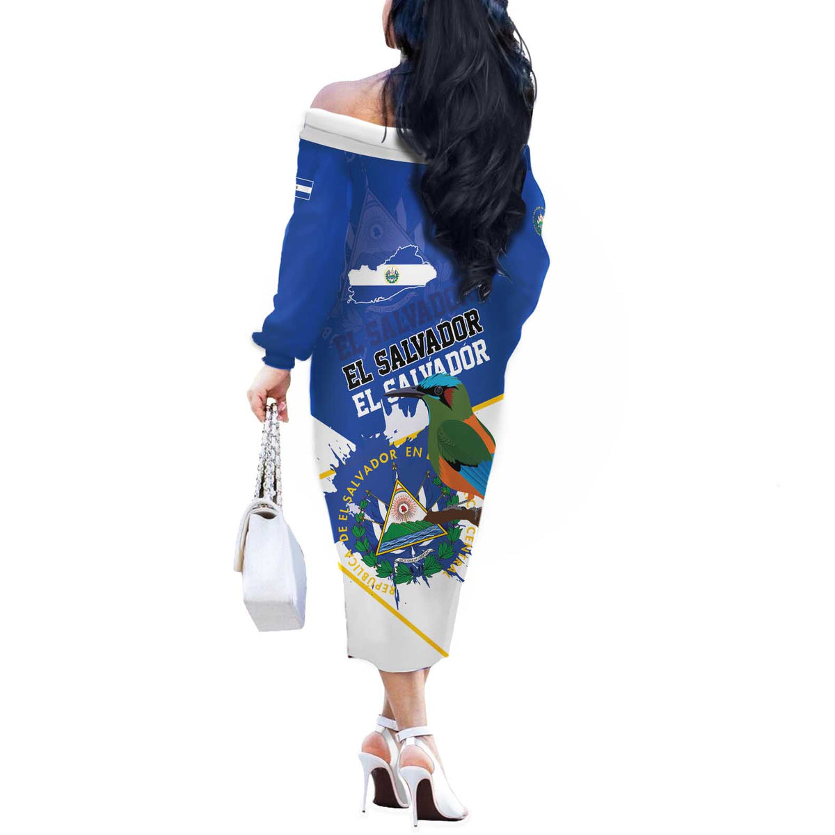 El Salvador Independence Day 1821 Off The Shoulder Long Sleeve Dress - Wonder Print Shop