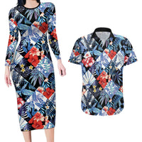 Hawaii Tropicana Blue Pattern Couples Matching Long Sleeve Bodycon Dress and Hawaiian Shirt - Wonder Print Shop