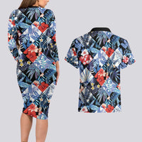 Hawaii Tropicana Blue Pattern Couples Matching Long Sleeve Bodycon Dress and Hawaiian Shirt - Wonder Print Shop