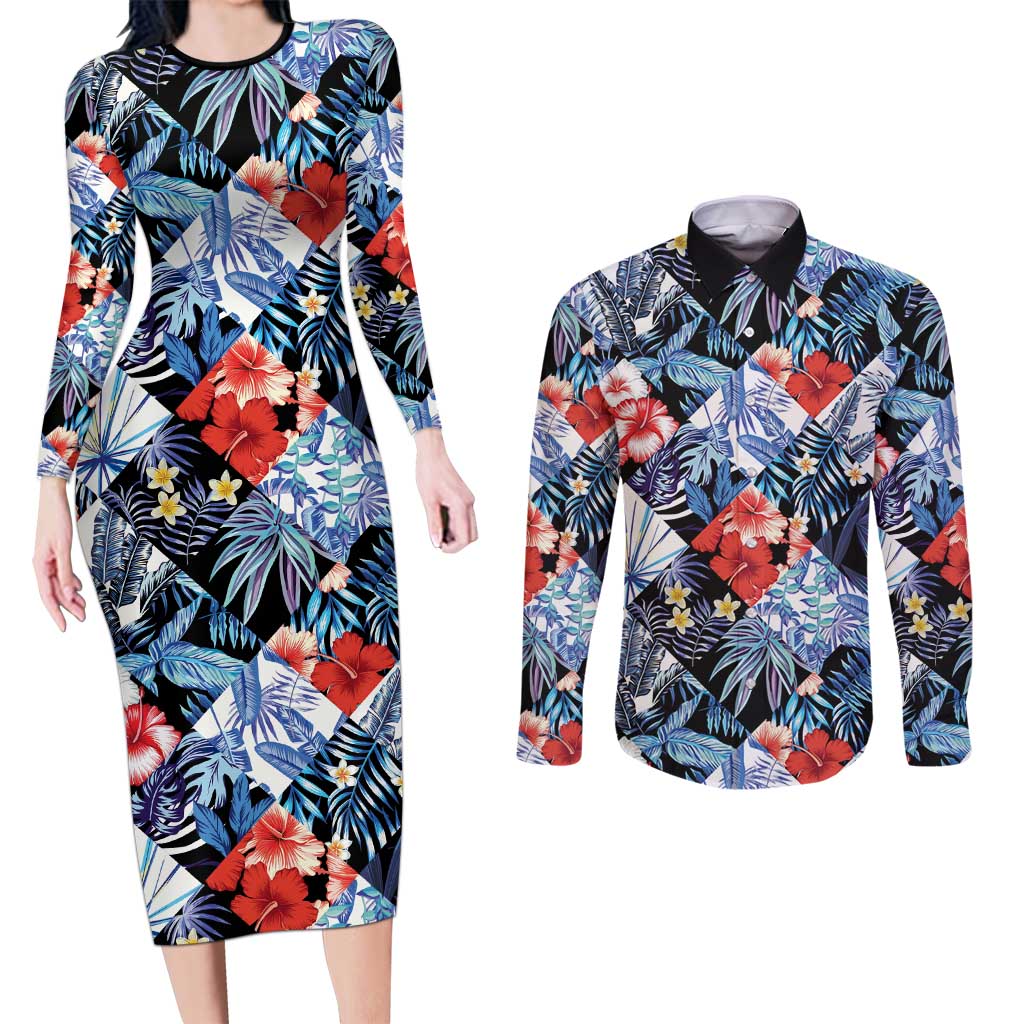 Hawaii Tropicana Blue Pattern Couples Matching Long Sleeve Bodycon Dress and Long Sleeve Button Shirt - Wonder Print Shop