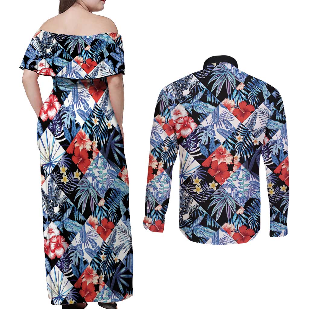 Hawaii Tropicana Blue Pattern Couples Matching Off Shoulder Maxi Dress and Long Sleeve Button Shirt - Wonder Print Shop