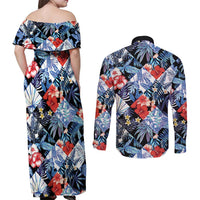 Hawaii Tropicana Blue Pattern Couples Matching Off Shoulder Maxi Dress and Long Sleeve Button Shirt - Wonder Print Shop