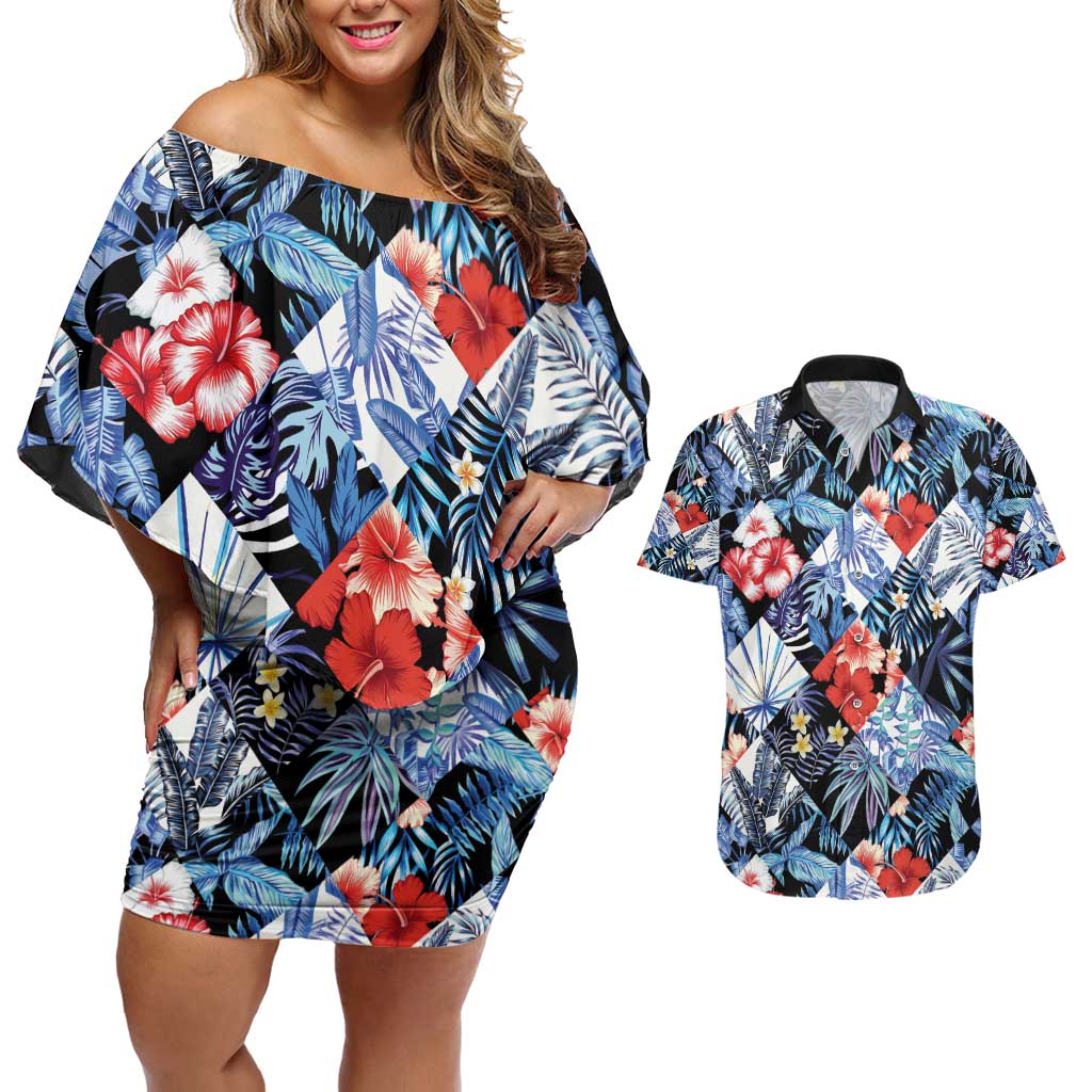 Hawaii Tropicana Blue Pattern Couples Matching Off Shoulder Short Dress and Hawaiian Shirt - Wonder Print Shop
