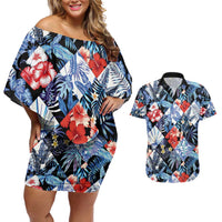 Hawaii Tropicana Blue Pattern Couples Matching Off Shoulder Short Dress and Hawaiian Shirt - Wonder Print Shop