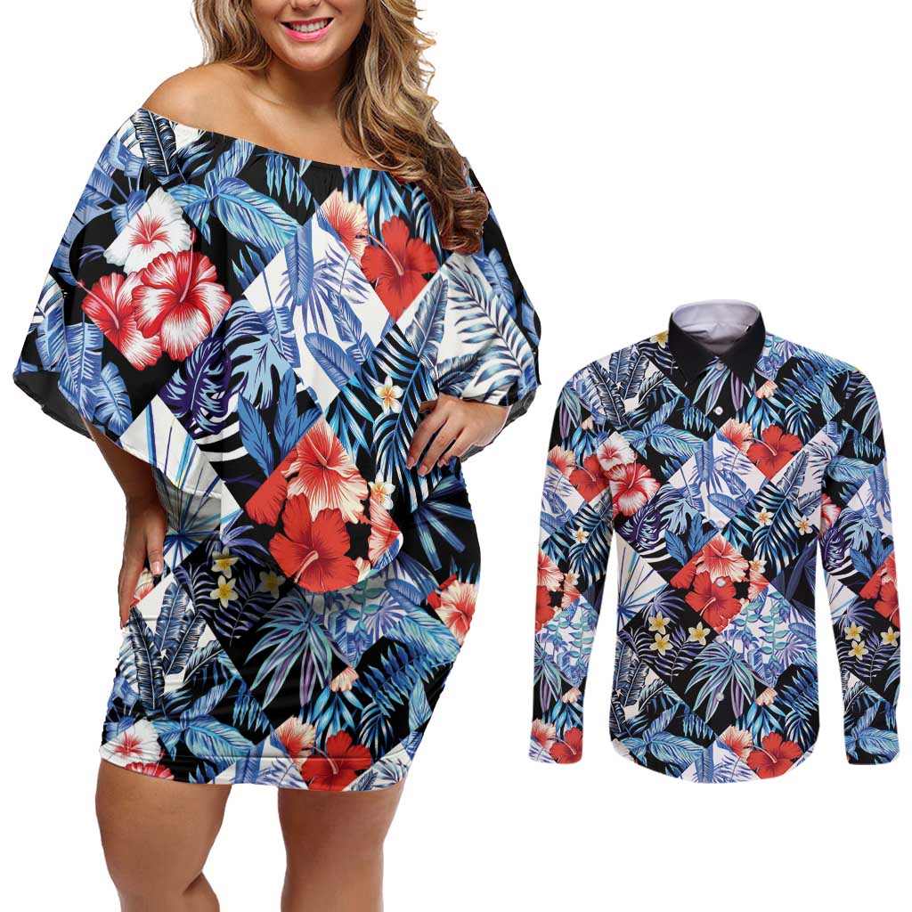 Hawaii Tropicana Blue Pattern Couples Matching Off Shoulder Short Dress and Long Sleeve Button Shirt - Wonder Print Shop