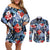 Hawaii Tropicana Blue Pattern Couples Matching Off Shoulder Short Dress and Long Sleeve Button Shirt - Wonder Print Shop