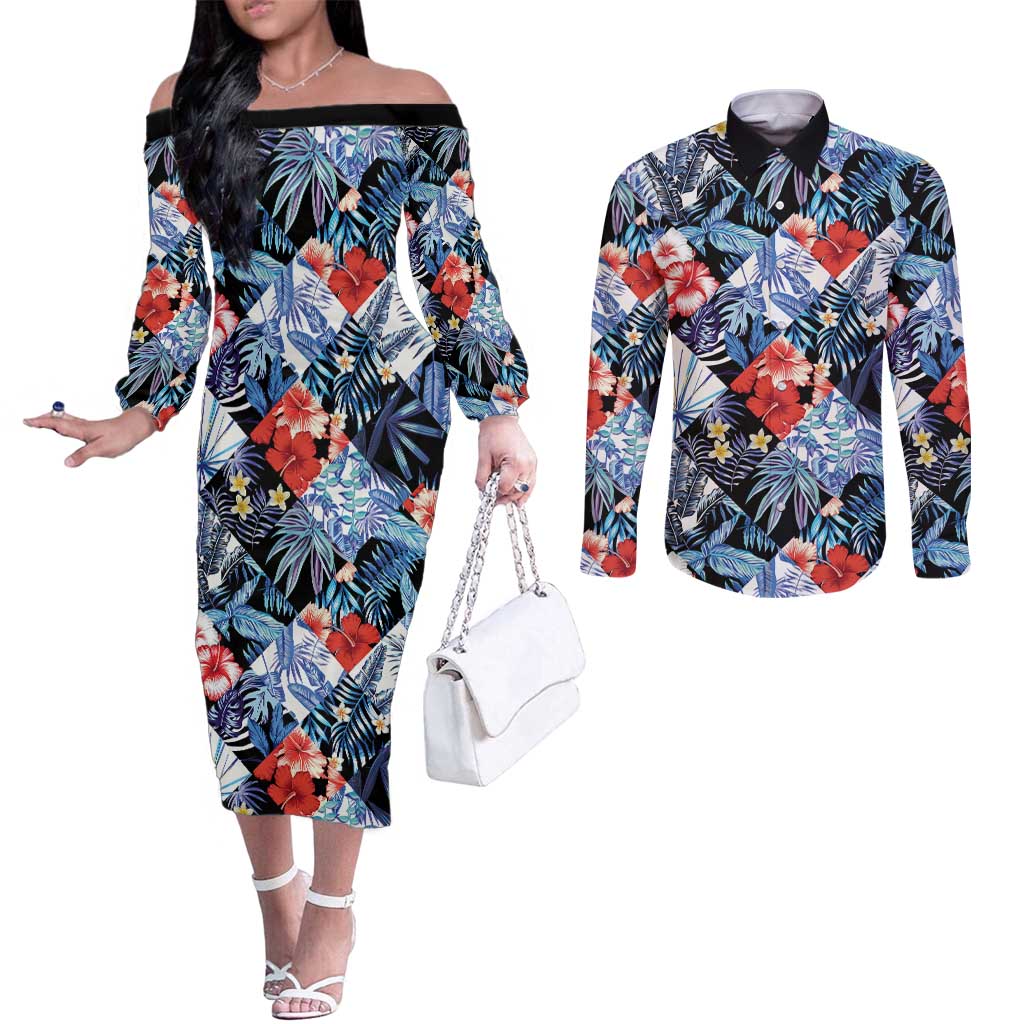 Hawaii Tropicana Blue Pattern Couples Matching Off The Shoulder Long Sleeve Dress and Long Sleeve Button Shirt - Wonder Print Shop