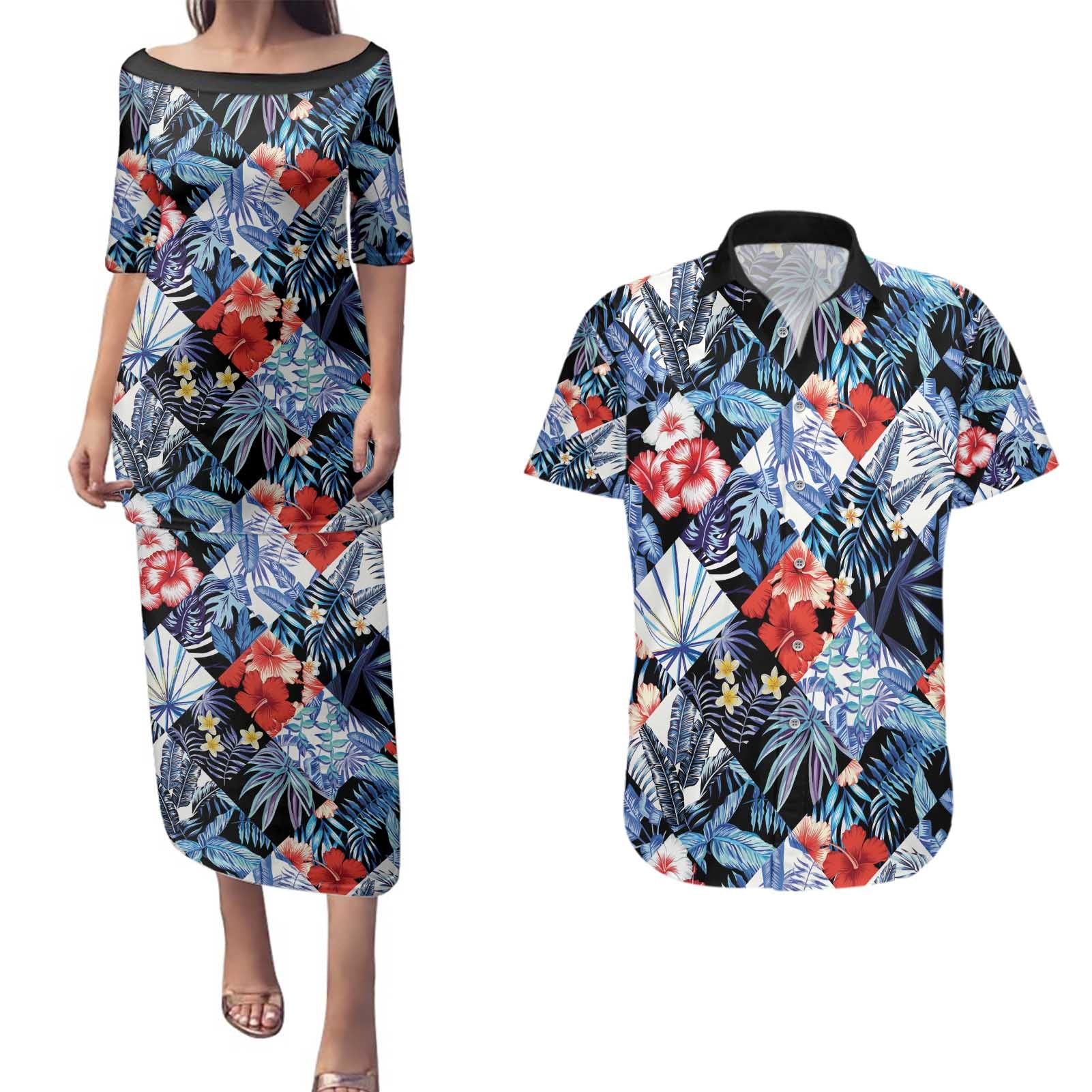 Hawaii Tropicana Blue Pattern Couples Matching Puletasi and Hawaiian Shirt - Wonder Print Shop