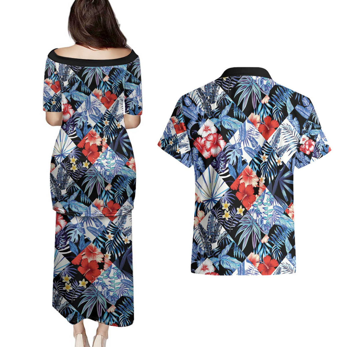 Hawaii Tropicana Blue Pattern Couples Matching Puletasi and Hawaiian Shirt - Wonder Print Shop