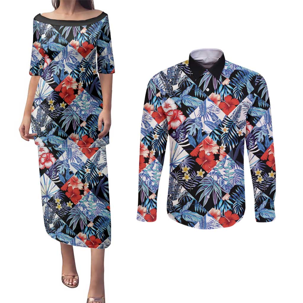Hawaii Tropicana Blue Pattern Couples Matching Puletasi and Long Sleeve Button Shirt - Wonder Print Shop