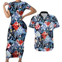 Hawaii Tropicana Blue Pattern Couples Matching Short Sleeve Bodycon Dress and Hawaiian Shirt - Wonder Print Shop