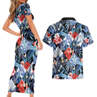 Hawaii Tropicana Blue Pattern Couples Matching Short Sleeve Bodycon Dress and Hawaiian Shirt - Wonder Print Shop