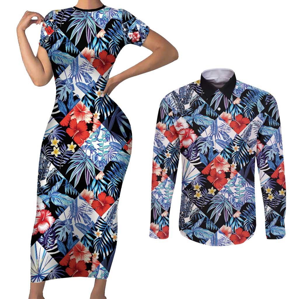 Hawaii Tropicana Blue Pattern Couples Matching Short Sleeve Bodycon Dress and Long Sleeve Button Shirt - Wonder Print Shop