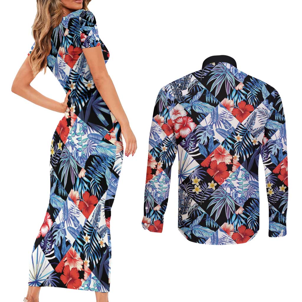 Hawaii Tropicana Blue Pattern Couples Matching Short Sleeve Bodycon Dress and Long Sleeve Button Shirt - Wonder Print Shop