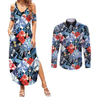 Hawaii Tropicana Blue Pattern Couples Matching Summer Maxi Dress and Long Sleeve Button Shirt - Wonder Print Shop