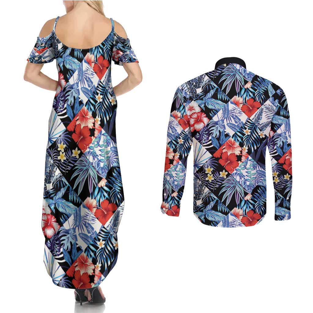 Hawaii Tropicana Blue Pattern Couples Matching Summer Maxi Dress and Long Sleeve Button Shirt - Wonder Print Shop