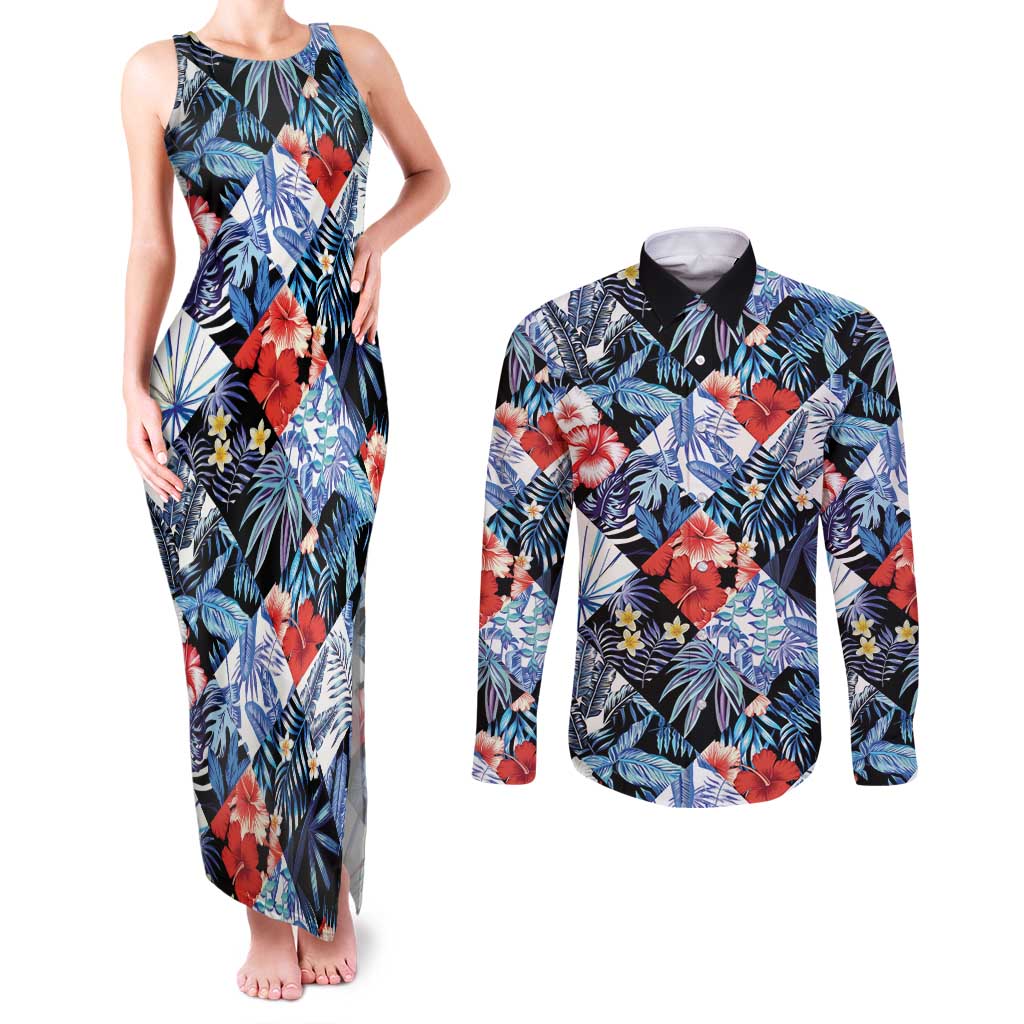 Hawaii Tropicana Blue Pattern Couples Matching Tank Maxi Dress and Long Sleeve Button Shirt - Wonder Print Shop