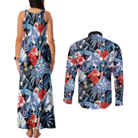 Hawaii Tropicana Blue Pattern Couples Matching Tank Maxi Dress and Long Sleeve Button Shirt - Wonder Print Shop