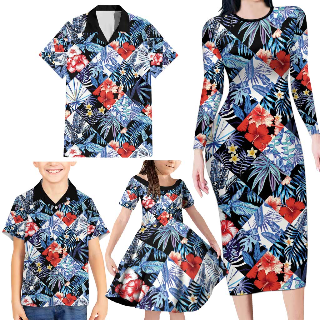 Hawaii Tropicana Blue Pattern Family Matching Long Sleeve Bodycon Dress and Hawaiian Shirt - Wonder Print Shop