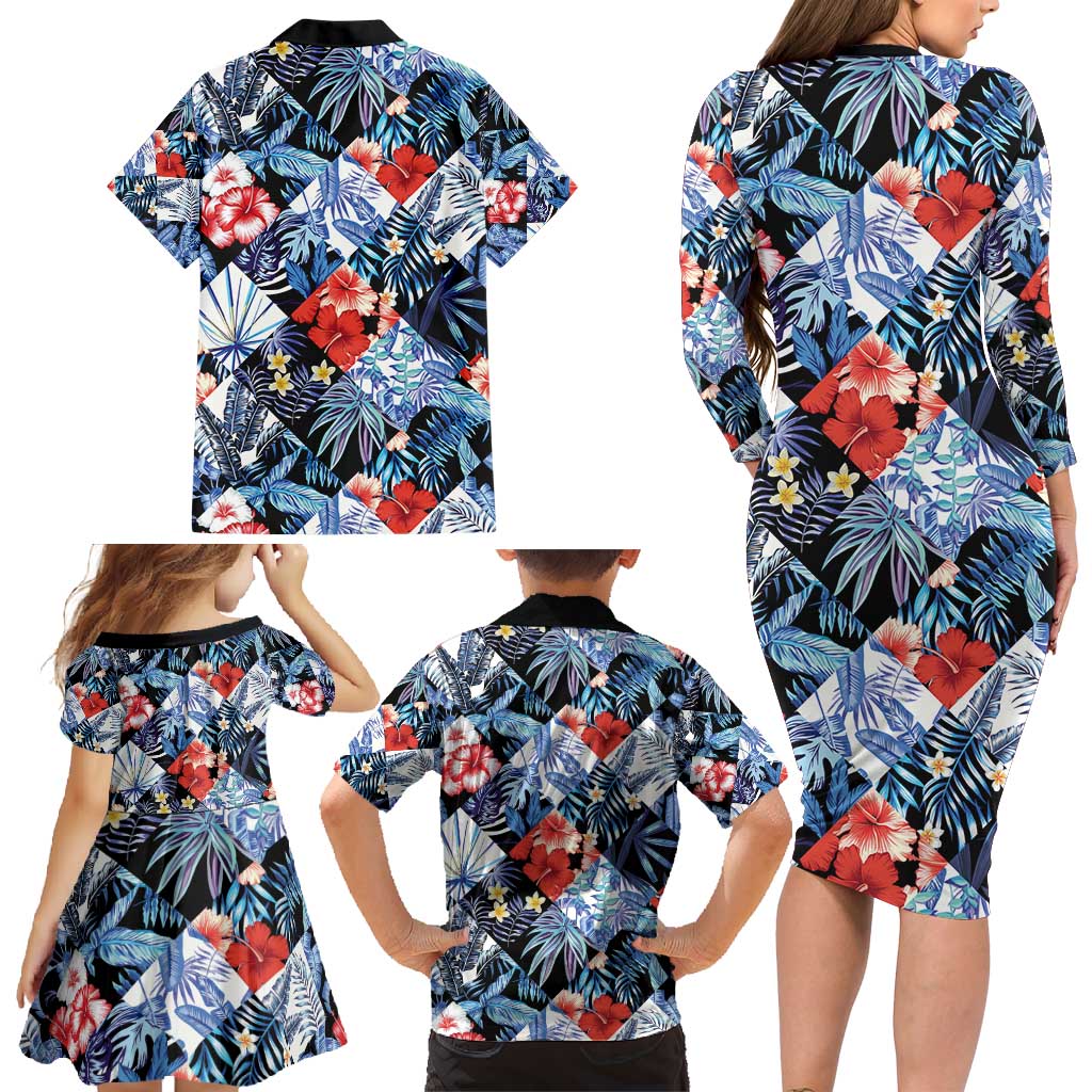 Hawaii Tropicana Blue Pattern Family Matching Long Sleeve Bodycon Dress and Hawaiian Shirt - Wonder Print Shop