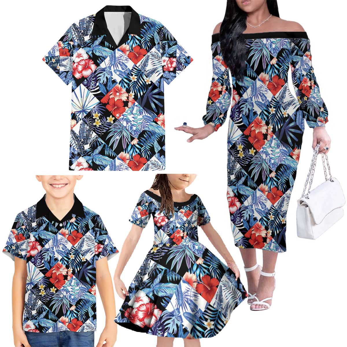 Hawaii Tropicana Blue Pattern Family Matching Off The Shoulder Long Sleeve Dress and Hawaiian Shirt - Wonder Print Shop
