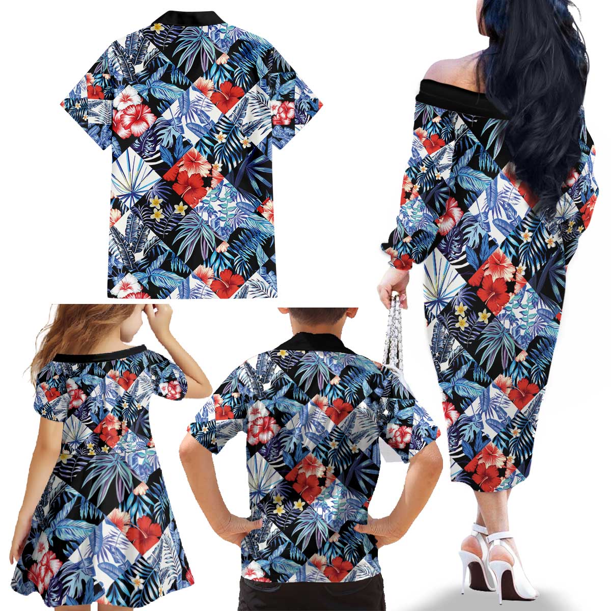 Hawaii Tropicana Blue Pattern Family Matching Off The Shoulder Long Sleeve Dress and Hawaiian Shirt - Wonder Print Shop
