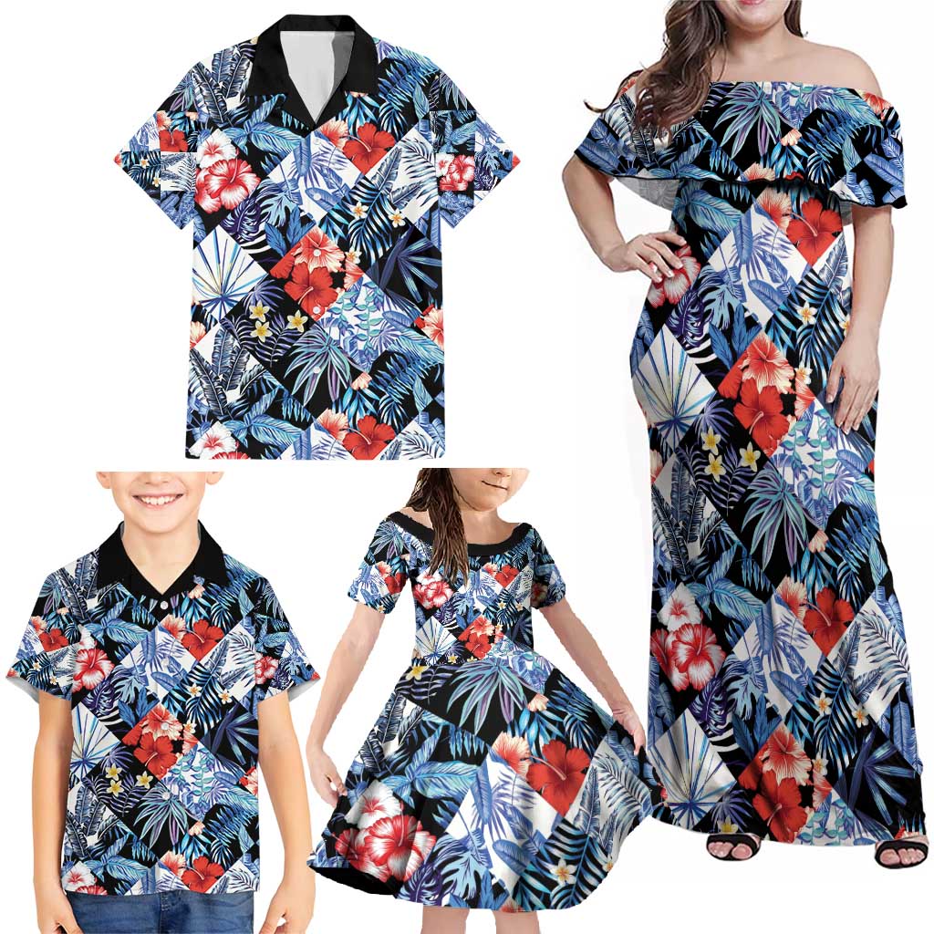 Hawaii Tropicana Blue Pattern Family Matching Off Shoulder Maxi Dress and Hawaiian Shirt - Wonder Print Shop