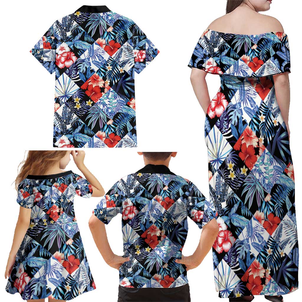 Hawaii Tropicana Blue Pattern Family Matching Off Shoulder Maxi Dress and Hawaiian Shirt - Wonder Print Shop