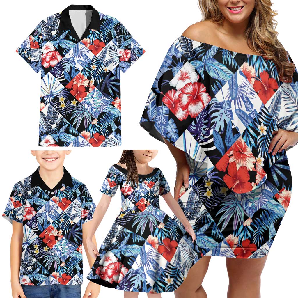 Hawaii Tropicana Blue Pattern Family Matching Off Shoulder Short Dress and Hawaiian Shirt - Wonder Print Shop