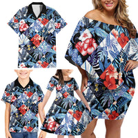 Hawaii Tropicana Blue Pattern Family Matching Off Shoulder Short Dress and Hawaiian Shirt - Wonder Print Shop