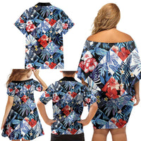 Hawaii Tropicana Blue Pattern Family Matching Off Shoulder Short Dress and Hawaiian Shirt - Wonder Print Shop