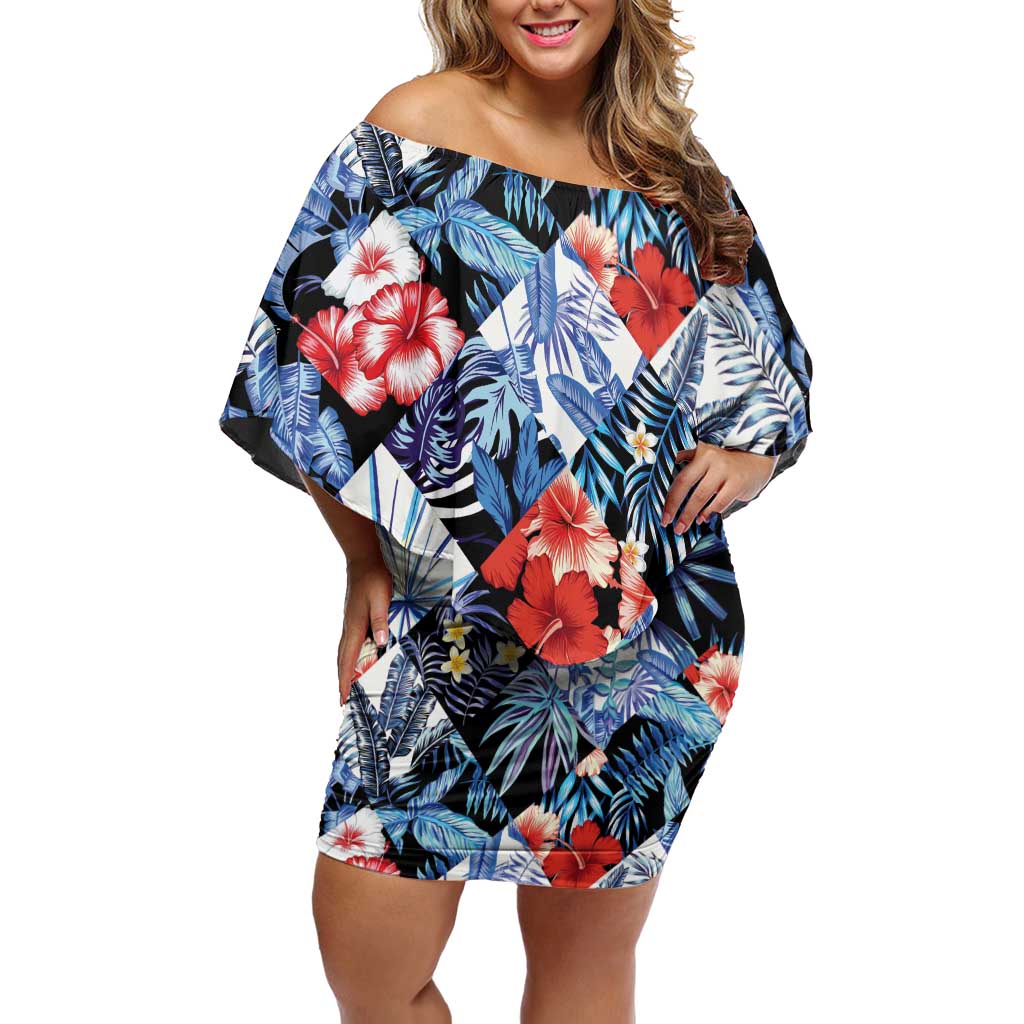 Hawaii Tropicana Blue Pattern Family Matching Off Shoulder Short Dress and Hawaiian Shirt - Wonder Print Shop