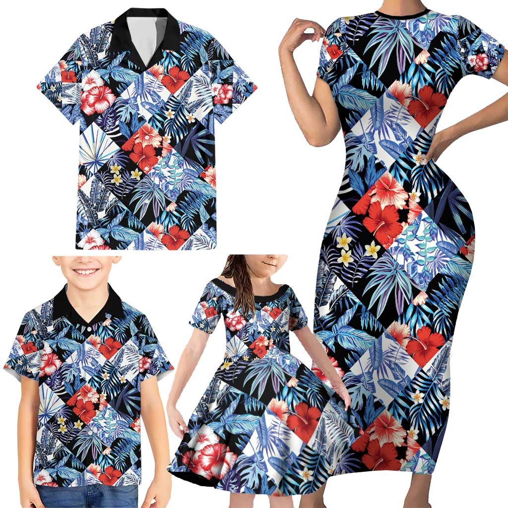 Hawaii Tropicana Blue Pattern Family Matching Short Sleeve Bodycon Dress and Hawaiian Shirt - Wonder Print Shop