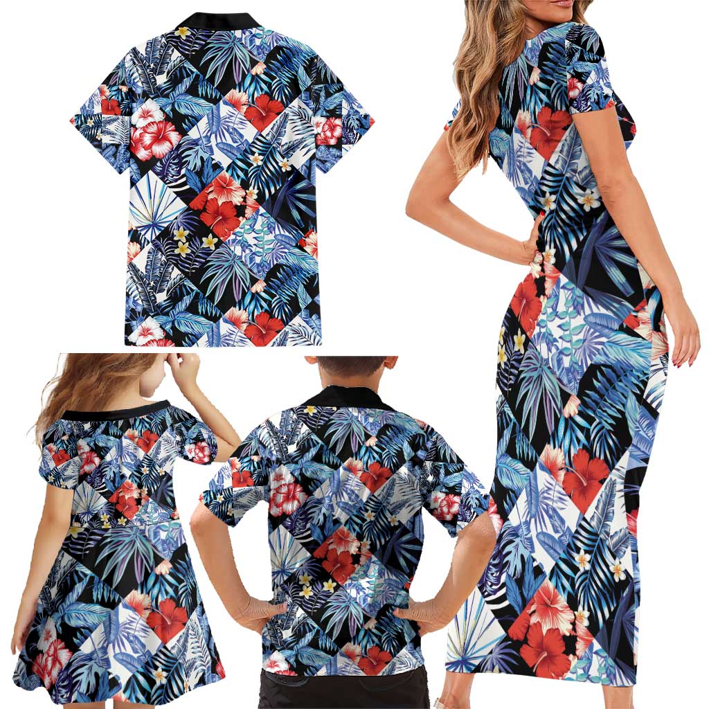 Hawaii Tropicana Blue Pattern Family Matching Short Sleeve Bodycon Dress and Hawaiian Shirt - Wonder Print Shop