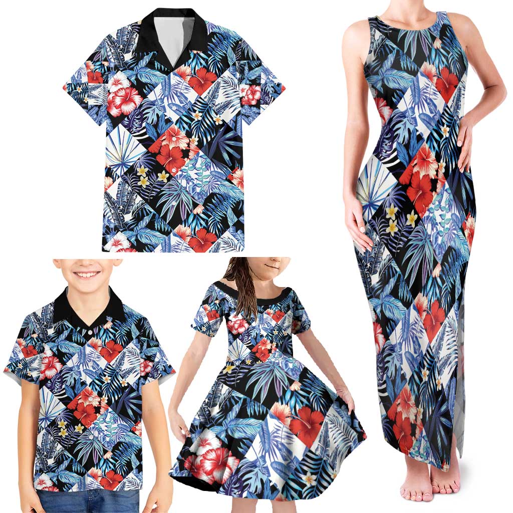 Hawaii Tropicana Blue Pattern Family Matching Tank Maxi Dress and Hawaiian Shirt - Wonder Print Shop