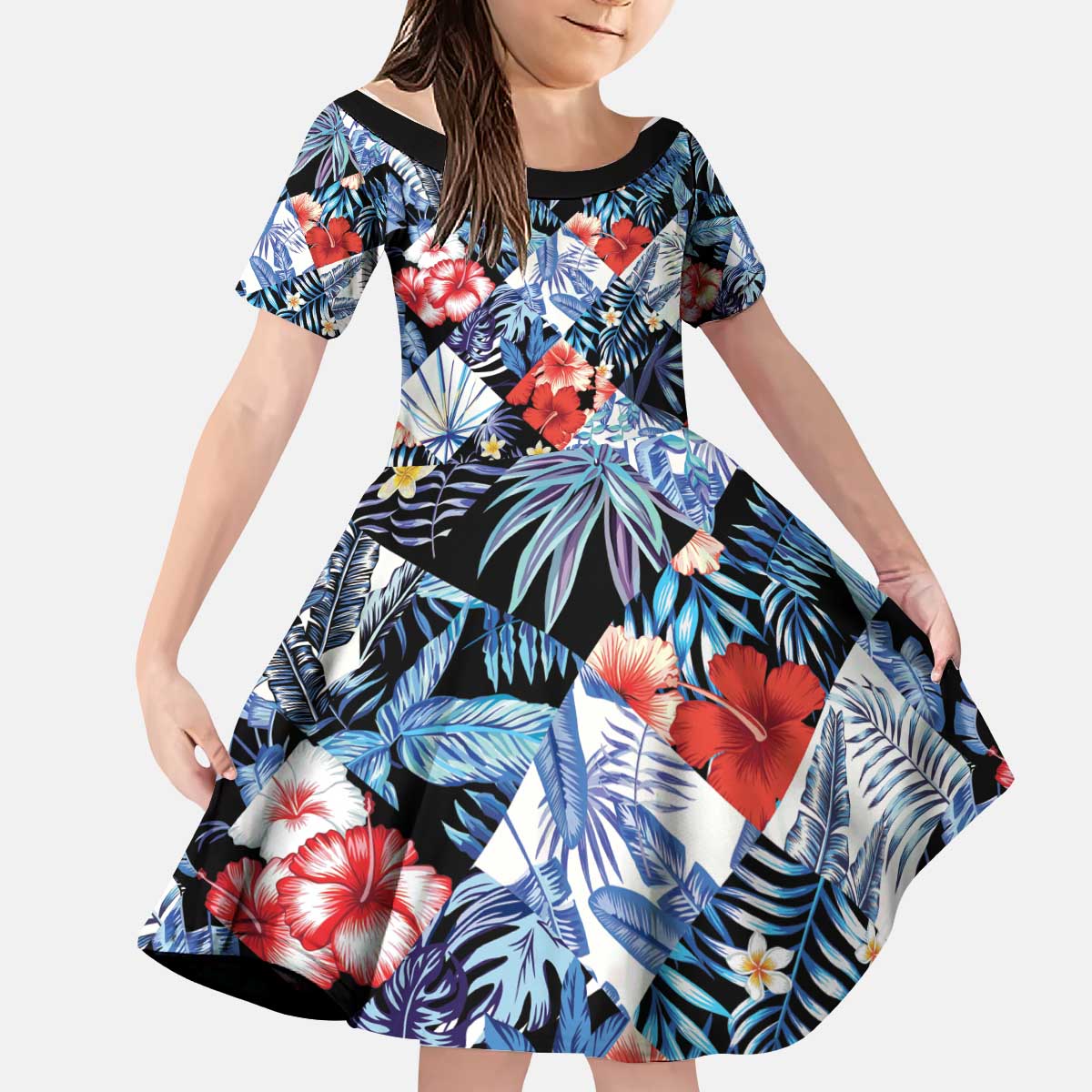Hawaii Tropicana Blue Pattern Kid Short Sleeve Dress - Wonder Print Shop