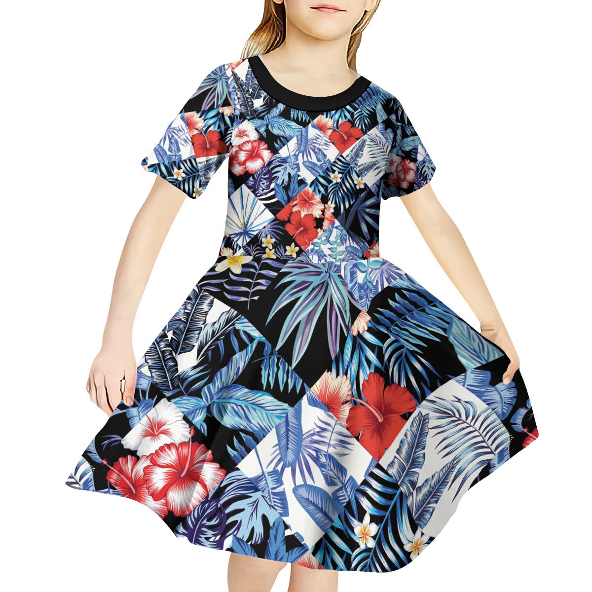 Hawaii Tropicana Blue Pattern Kid Short Sleeve Dress - Wonder Print Shop