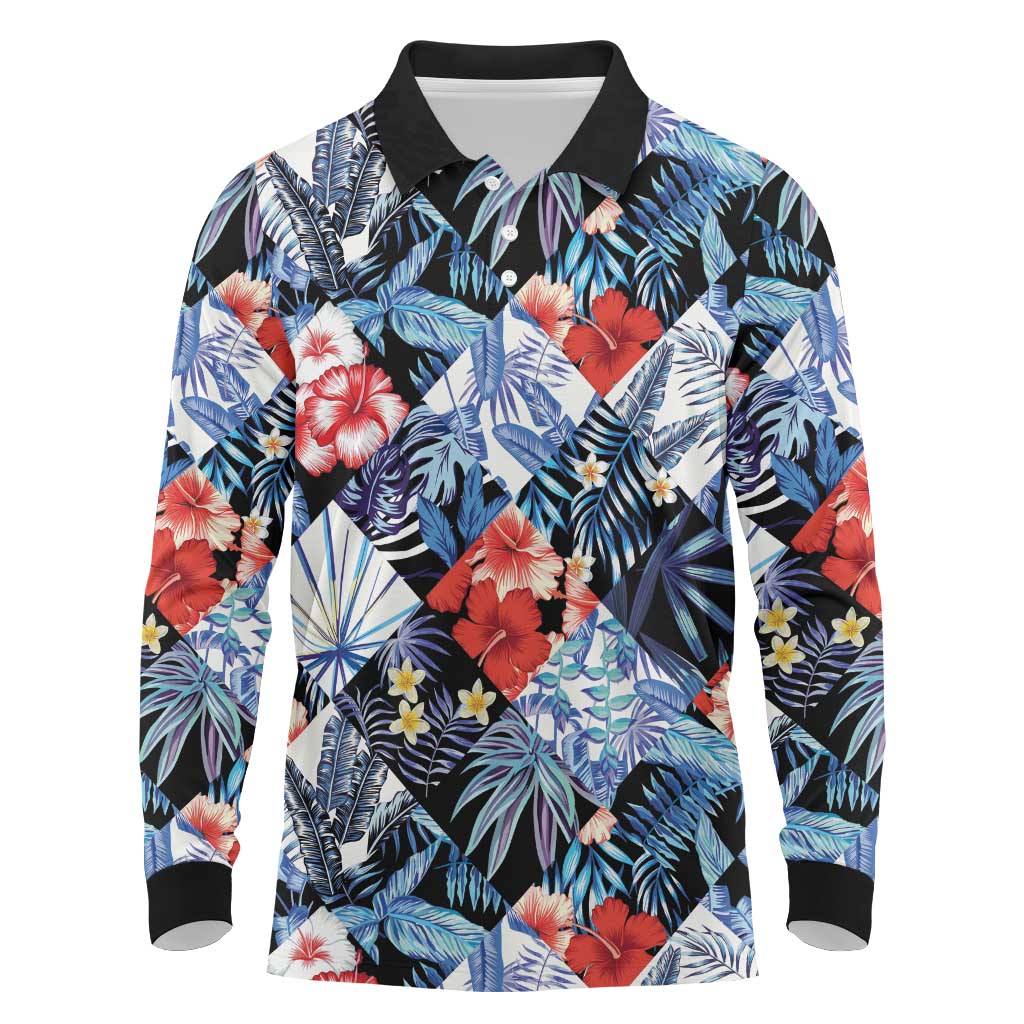 Hawaii Tropicana Blue Pattern Long Sleeve Polo Shirt - Wonder Print Shop