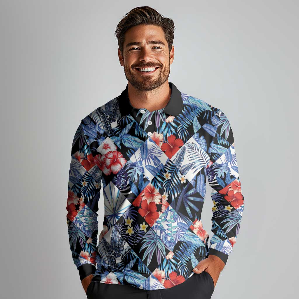 Hawaii Tropicana Blue Pattern Long Sleeve Polo Shirt - Wonder Print Shop