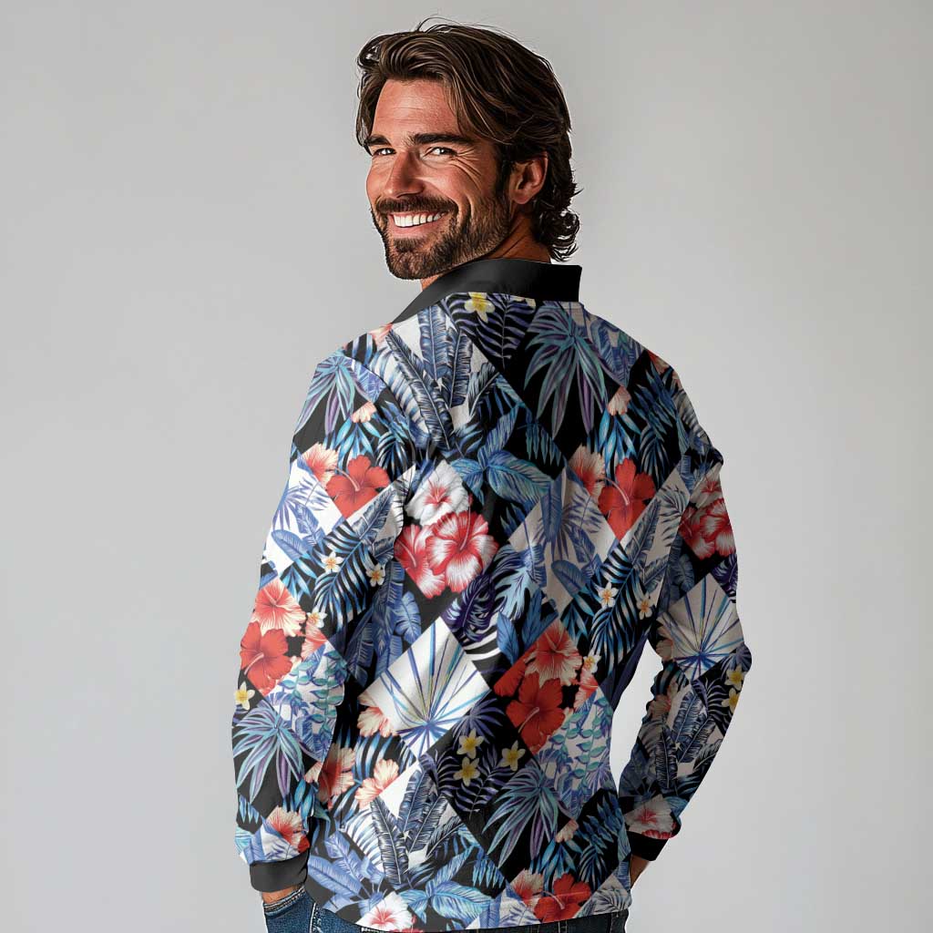 Hawaii Tropicana Blue Pattern Long Sleeve Polo Shirt - Wonder Print Shop